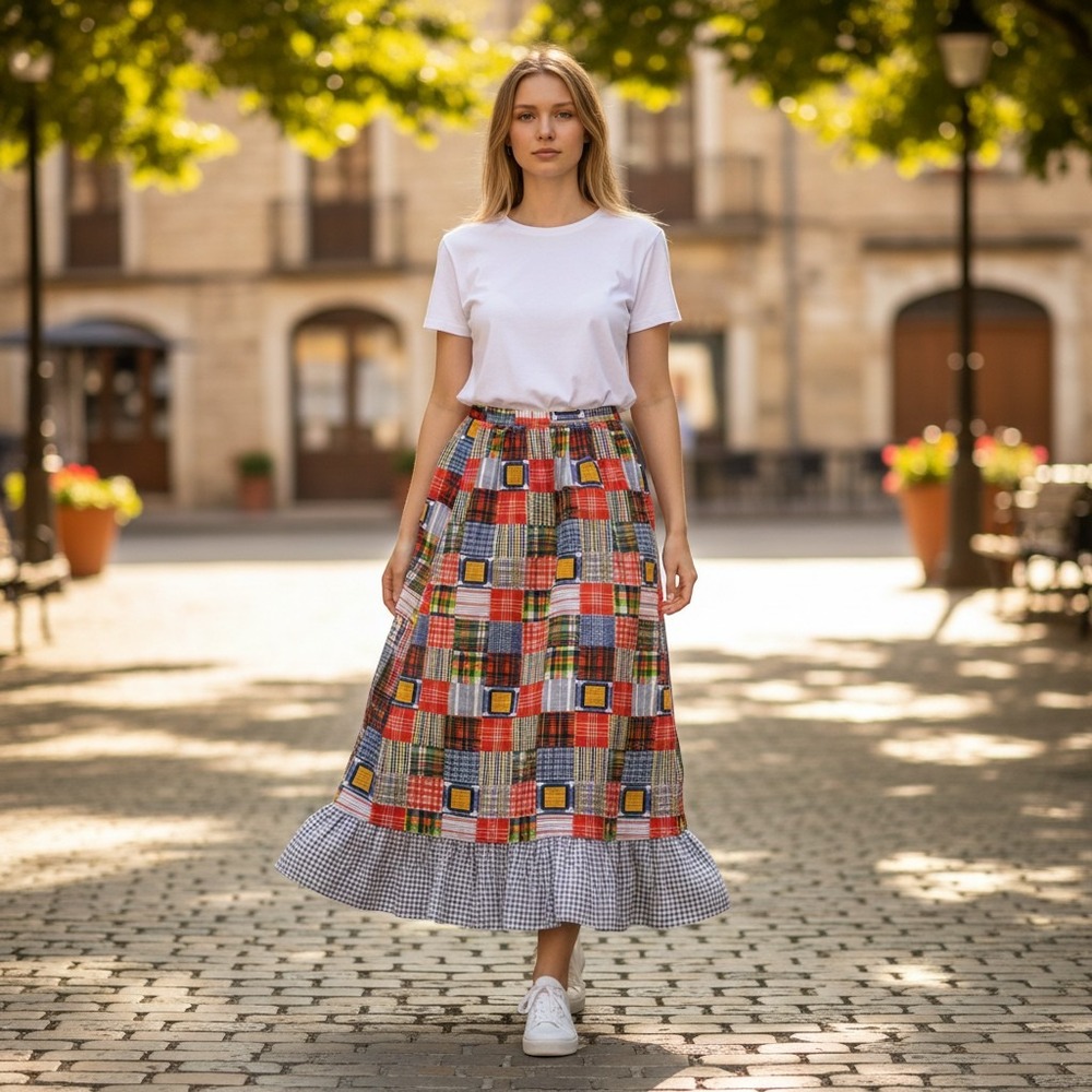 Vintage 70's Patchwork Plaid Ruffle Midi Skirt Boho Romantic Folk, High Waist - Picture 2 of 15